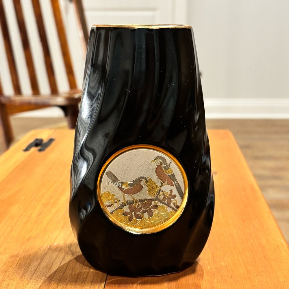 Japanese Chokin Art Black Porcelain Swirl Vase
